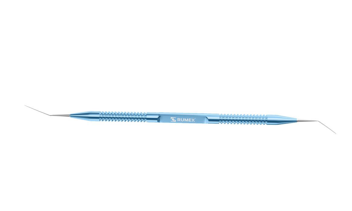 381R 13-050 Castroviejo Double-Ended Cyclodialysis Spatula, 0.50 mm Width, 10.00 mm & 15.00 mm Blades, Length 136 mm, Round Titanium Handle