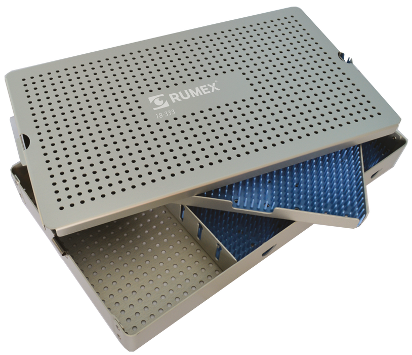 999R 18-333 Aluminum Sterilization Tray with Silicone Mat, Double Level + Open Section, 375×220×45 mm, 14.75×8.75×1.75″