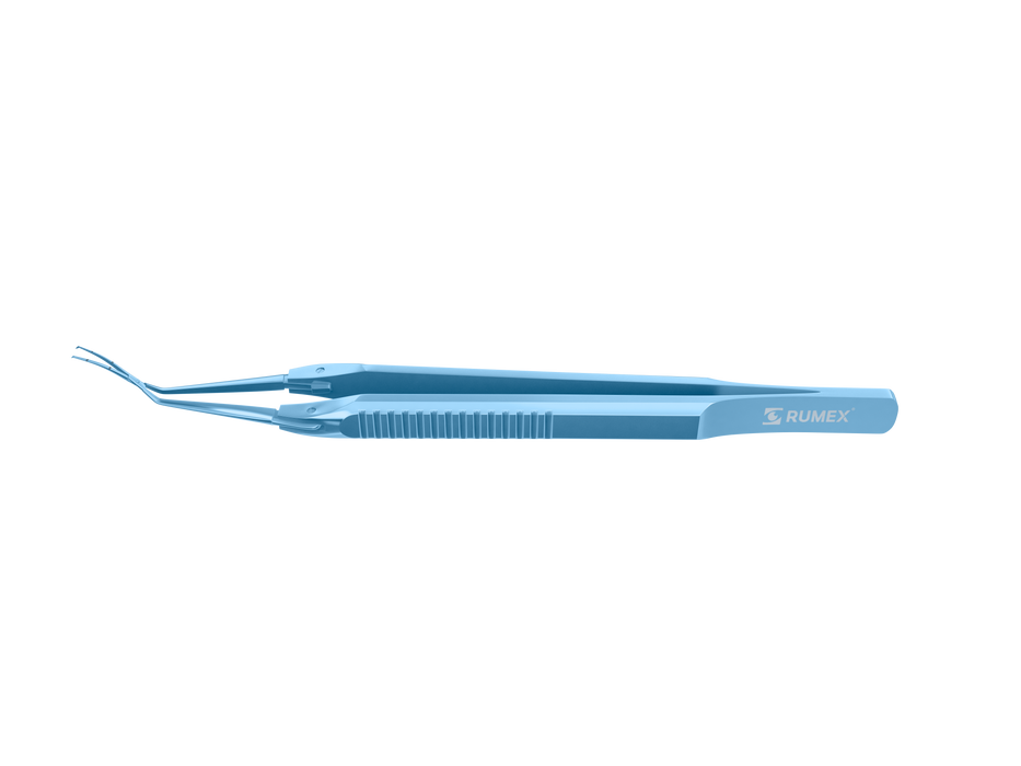 999R 4-03952/MFT Capsulorhexis Forceps with Scale (2.50/5.00 mm), Cross-Action, for 1.50 mm Incisions, Curved Titanium Jaws (8.50 mm), Long Lever (26.00 mm), Medium (91 mm) Flat Titanium Handle, Length 120 mm