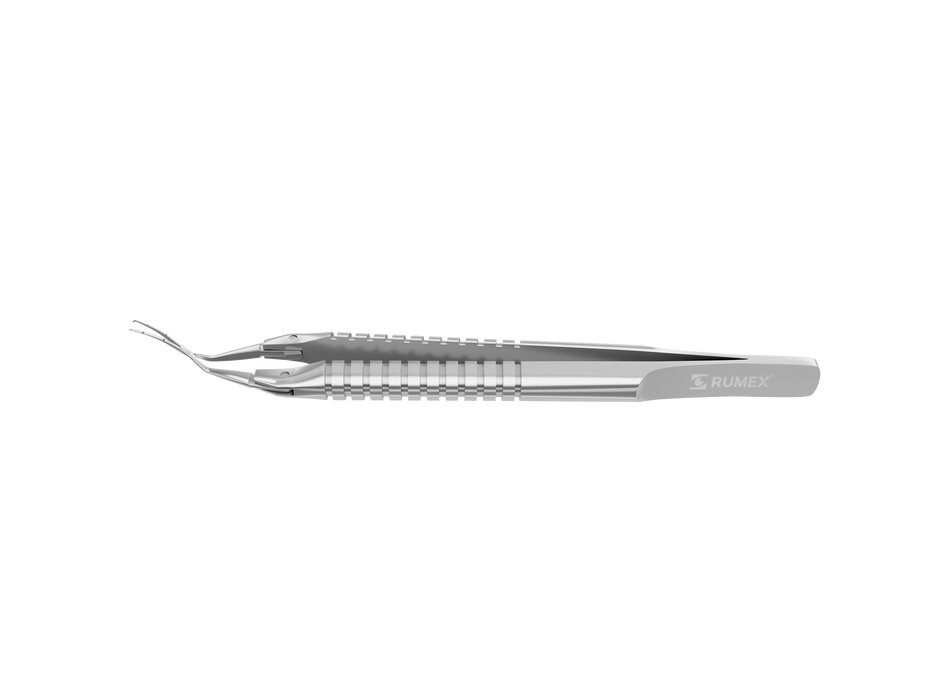 999R 4-0395/MRS Capsulorhexis Forceps with Scale (2.50/5.00 mm), Cross-Action, for 1.50 mm Incisions, Curved Stainless Steel Jaws (8.50 mm), Short Lever (16.00 mm), Medium (91 mm) Round Stainless Steel Handle, Length 110 mm