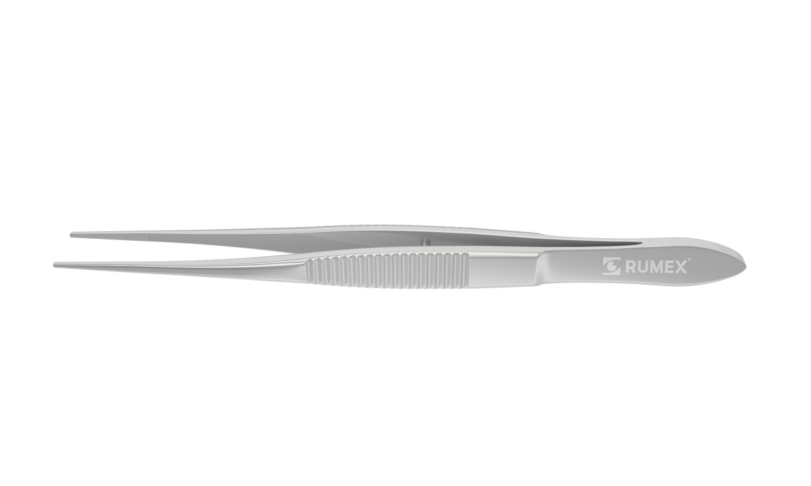 4-071S Dressing Forceps with Delicate Serrations, 12.00 mm Serrated Tips, Straight, Flat Handle, Length 100 mm, Stainless Steel — Rumex.COM