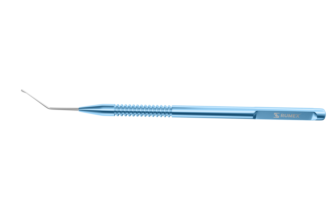 244R 7-0931 Drysdale Nucleus Manipulator, Angled, Capsule Polisher Tip, Round Handle, Length 121 mm, Round Titanium Handle