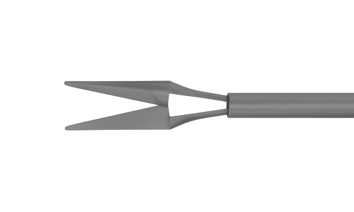 360R 12-209-23H Curved Subretinal Scissors, Attached to a Universal Handle, with RUMEX Flushing System, 23 Ga