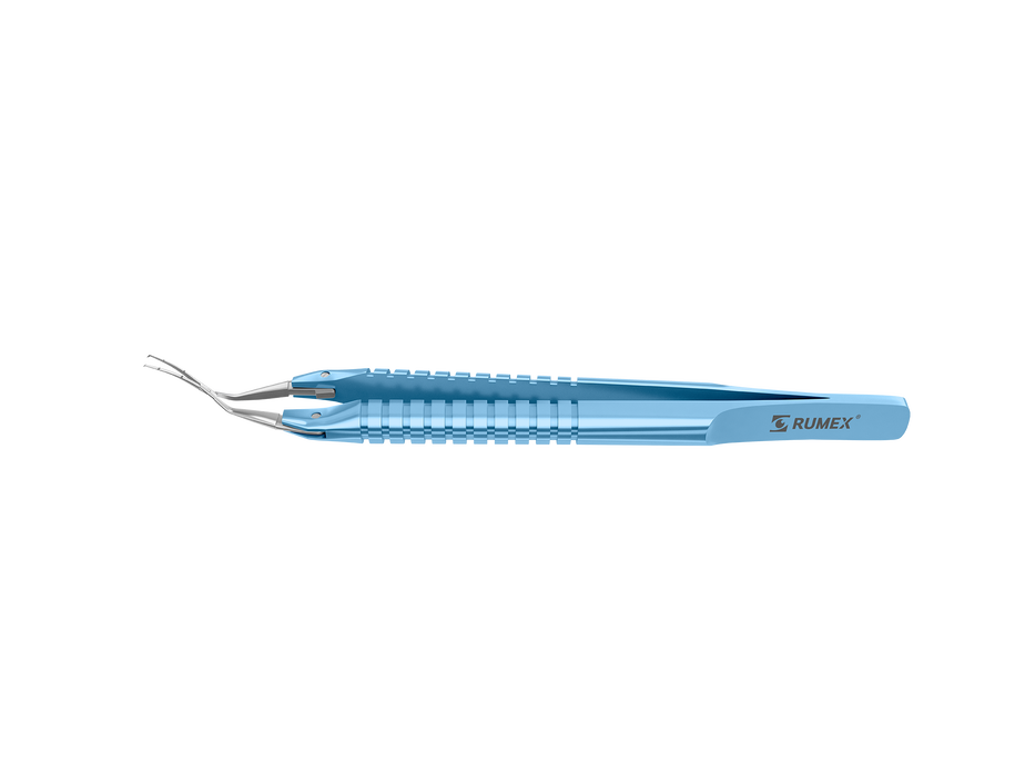 595R 4-0394 Capsulorhexis Forceps with Scale (2.50/5.00 mm), Cross-Action, for 1.50 mm Incisions, Curved Stainless Steel Jaws (8.50 mm), Short Lever (16.00 mm), Medium (91 mm) Round Titanium Handle, Length 110 mm